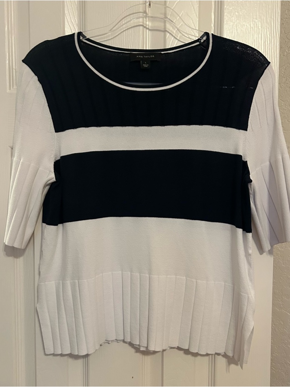 Ann Taylor Navy and White Striped Pleated Top